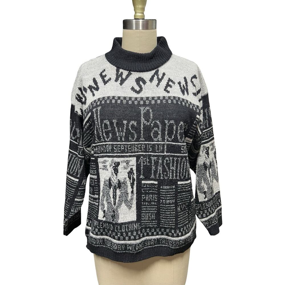 VTG 1980s 90s La Vista News Paper AOP Black White Silver Acrylic Sweater Sz M